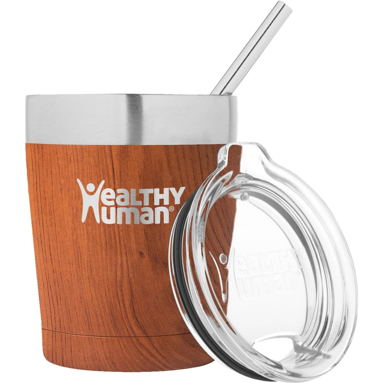 Healthy Human Stainless Steel Tumbler with Straw | Splash Proof Insulated Travel Cruiser Cup | Eco-Friendly Coffee Tumblers with Straws Cleaner & Splash Proof Lid (12oz, Natural Wood)